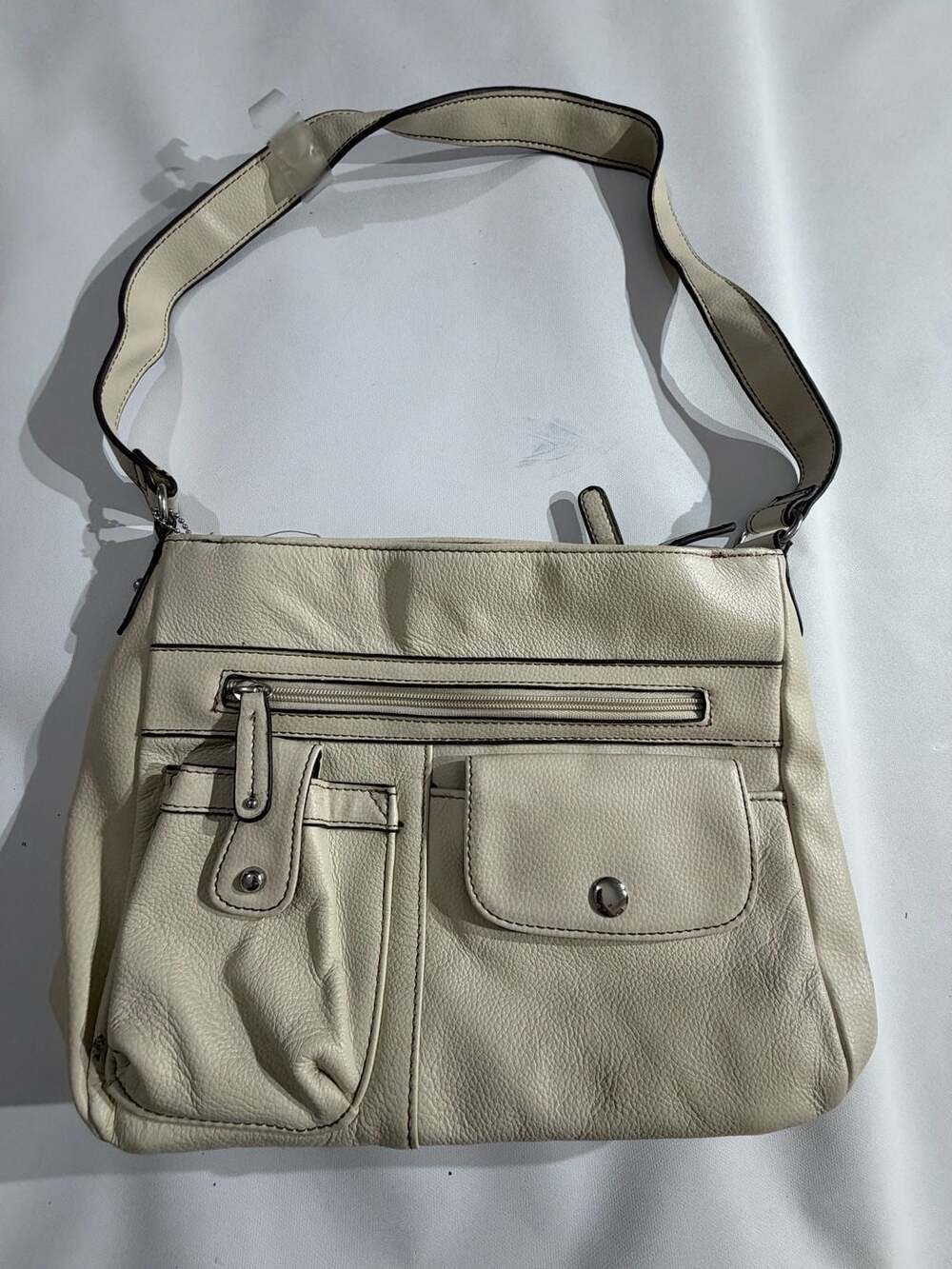 Cream Genuine Leather Cargo Bucket Shoulder Bag Multi Pocket Purse